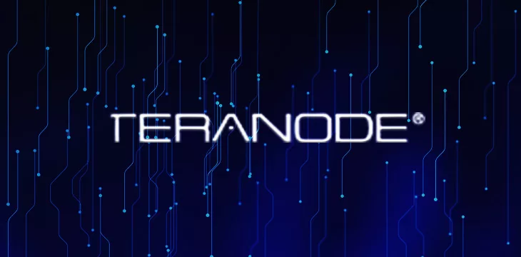 Teranode logo in blockchain background