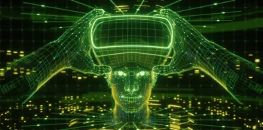 3D render, visualization of a man holding virtual reality glasses, electronic device, head surrounded by virtual data with neon green grid