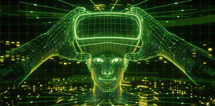 3D render, visualization of a man holding virtual reality glasses, electronic device, head surrounded by virtual data with neon green grid