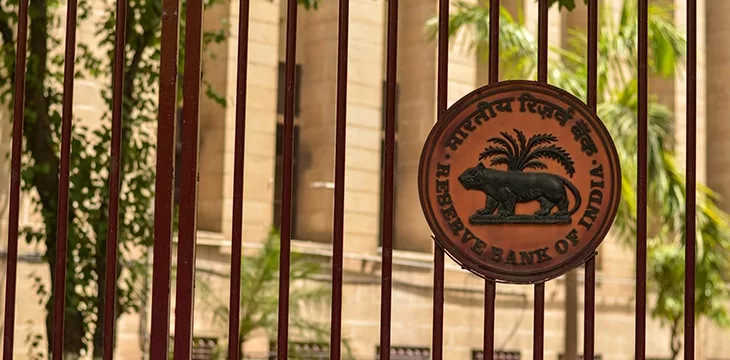 RBI logo on the closed iron gate of Reserve Bank of India