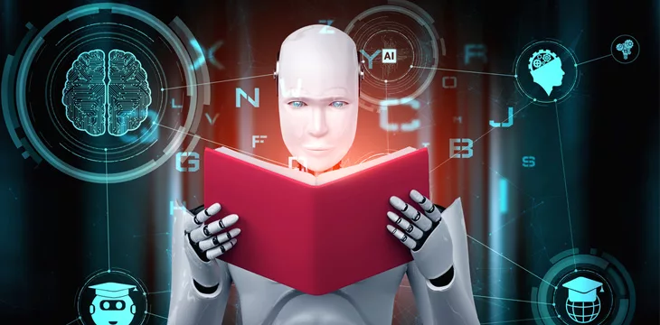 Artificial intelligence concept 3D illustration of robot humanoid reading a book