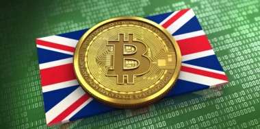3d illustration of Bitcoin over green binary background with UK flag