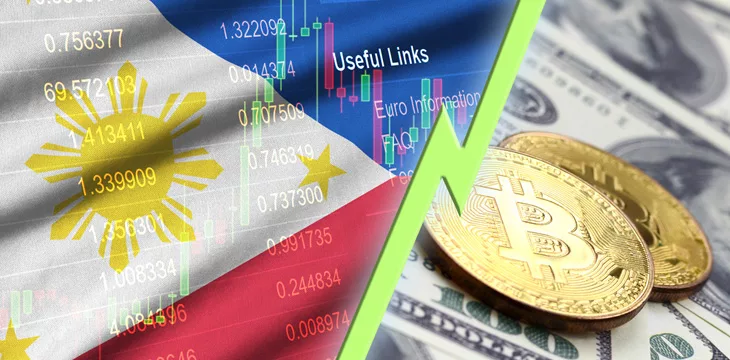 Philippines flag and cryptocurrency growing trend with two bitcoins on dollar bills. Concept of raising Bitcoin in price against the dollar.