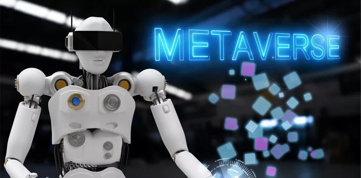 AI and metaverse concept. Image of AI humanoid robot wearing VR device with Metaverse word