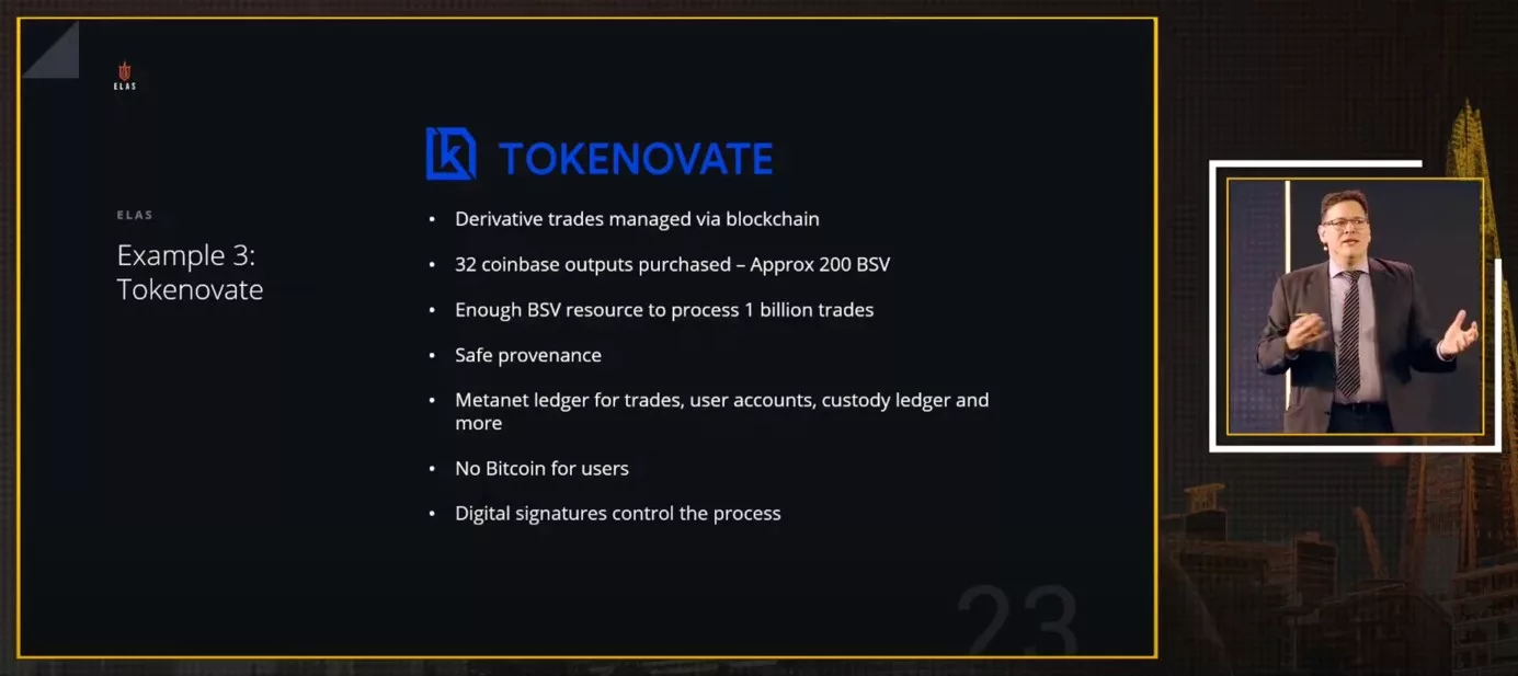 Tokenovate slide being presented by Brendan Lee