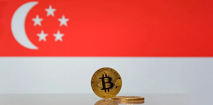 Golden bitcoin stands on a blurred background of state flag of Singapore