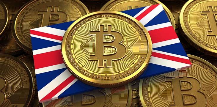 3d illustration of bitcoin over coins stacks background with UK flag