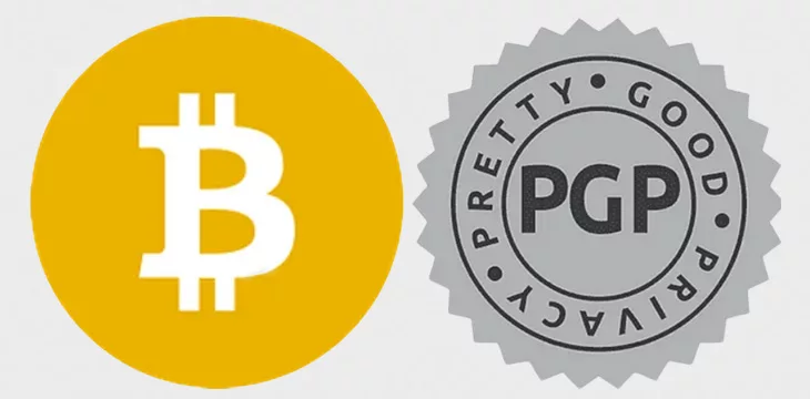 Bitcoin and PGP logo in one frame with gray background