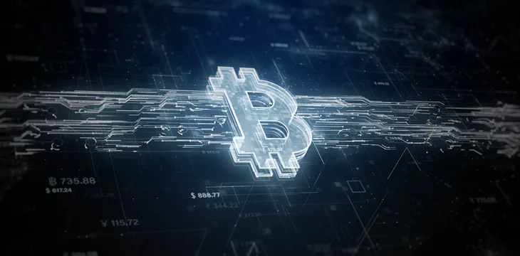 Bitcoin crypto currency digital encryption, Technology blockchain and global network connections abstract background concept.