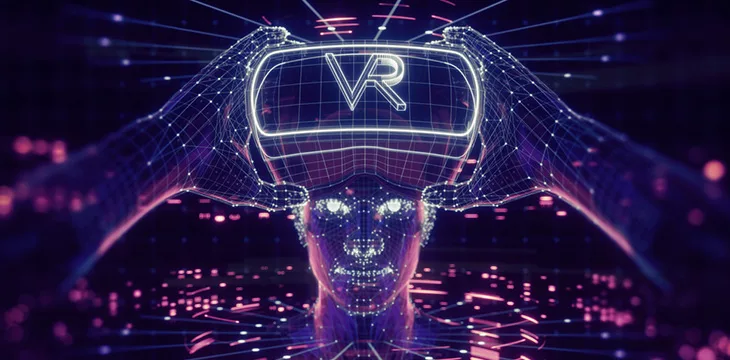 3D render, visualization of a man wearing virtual reality glasses, electronic head device, avatar, virtual data, ultraviolet grid, neon light.