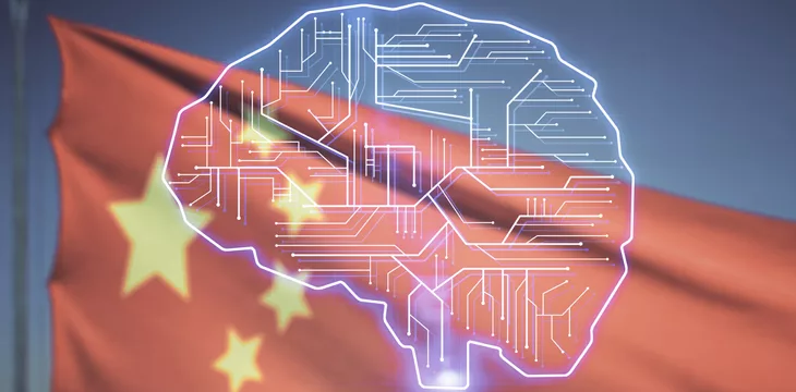 Virtual creative artificial Intelligence hologram with human brain sketch on Chinese flag and sunset sky background with double exposure