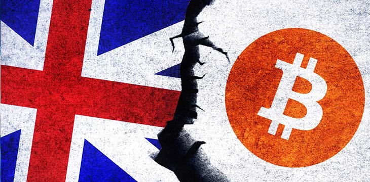 Bitcoin and United Kingdom flag on a wall with a crack