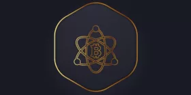 Bitcoin logo with gold outlines and atomic concept design