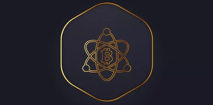 Bitcoin logo with gold outlines and atomic concept design