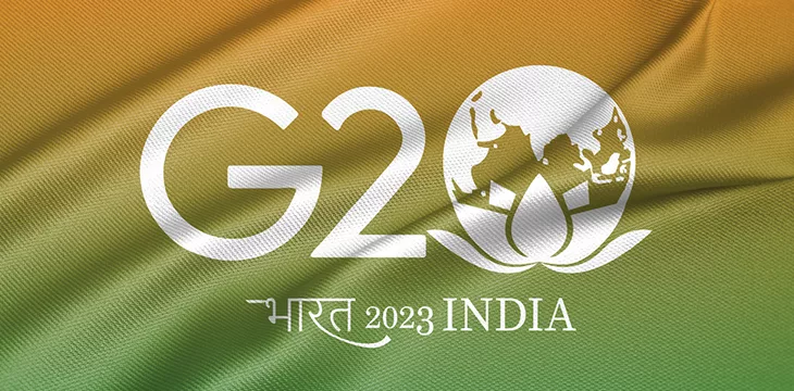 G20 India in front of Indian flag