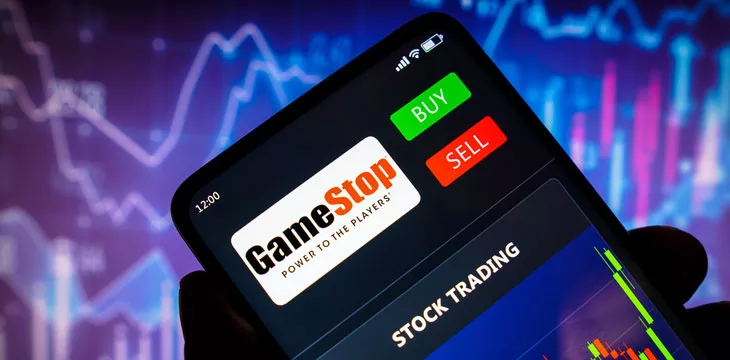 the stock trading graph of GameStop seen on a smartphone screen