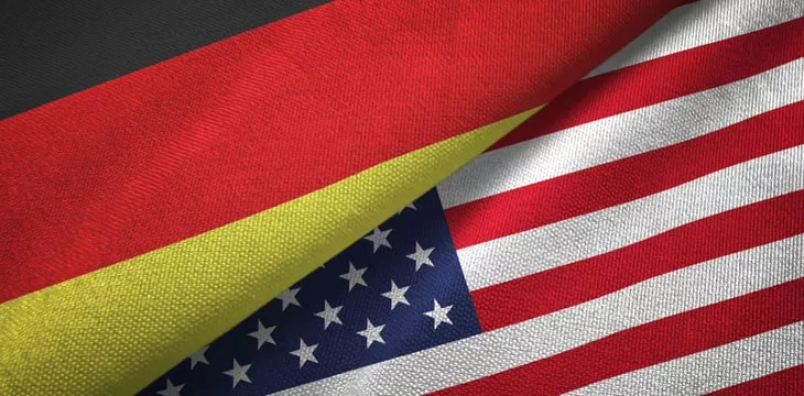Germany and United States flags together relations textile cloth, fabric texture
