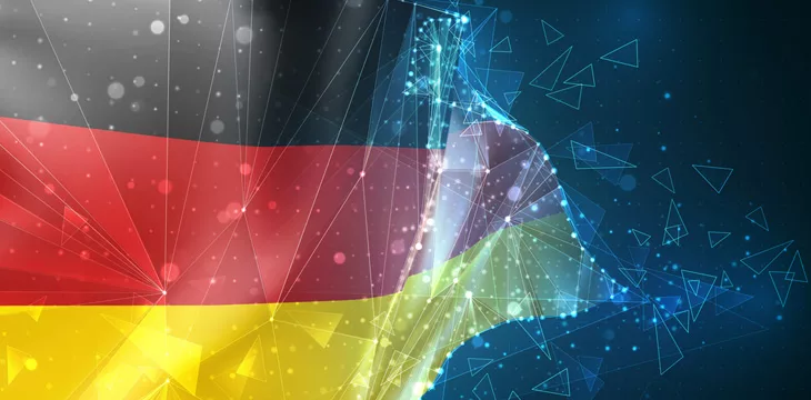 Germany, vector 3d flag on blue background with hud interfaces