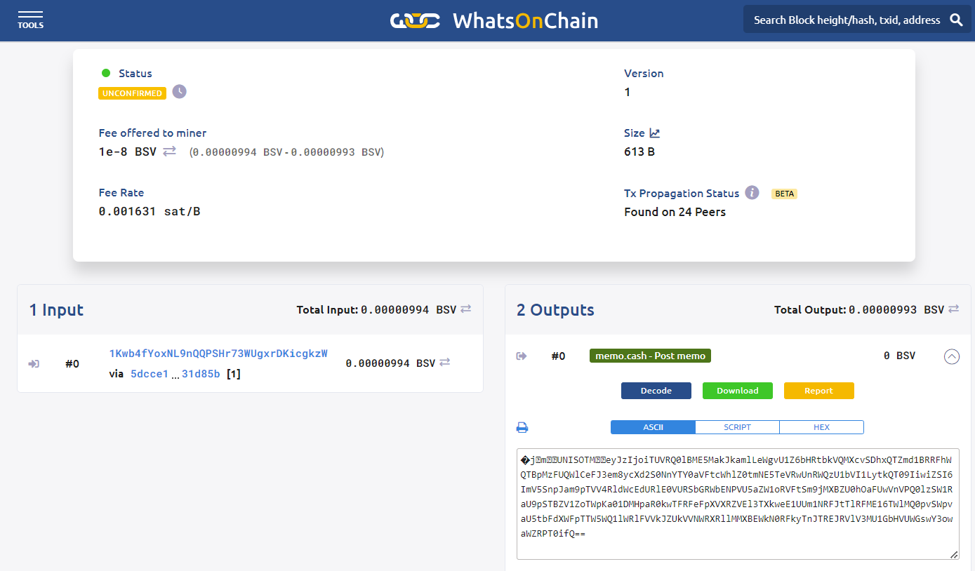 Transaction example from WhatsOnChain 