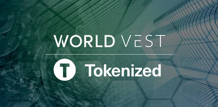 WorldVest and Tokenized logos with abstract background of digits, maps and buildings