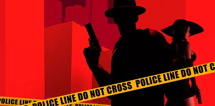 3d render noir crime illustration of armed detective silhouette in hat and jacket with sexy spy lady in dress with gun on red colored cityscape background with yellow police lines.