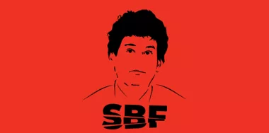 face minimal illustration of Sam Bankman-Fried SBF and text with cut effect on red background