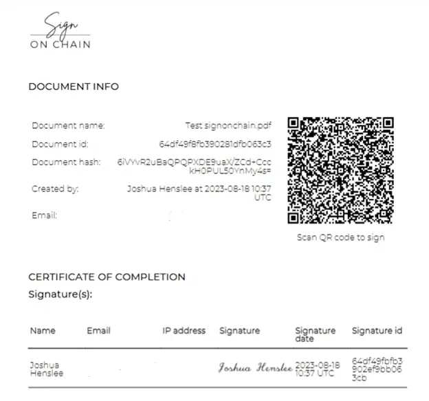 template of on-chain transaction with metadata from SignOnChain