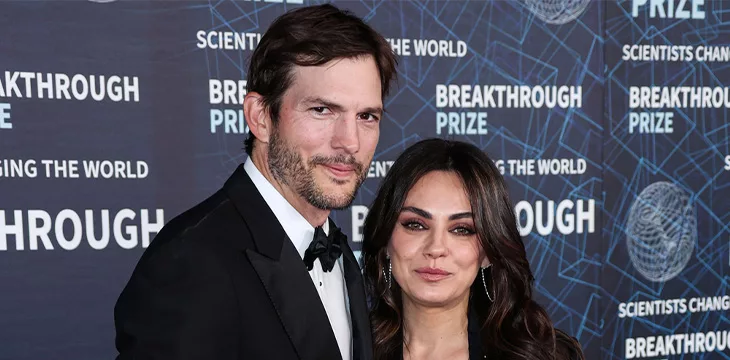 Ashton Kutcher and wife Mila Kunis arrive at the 9th Annual Breakthrough Prize Ceremony held at the Academy Museum of Motion Pictures