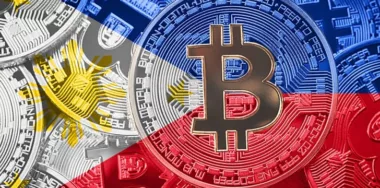 Stack of Bitcoin Philippines flag. Bitcoin cryptocurrencies concept