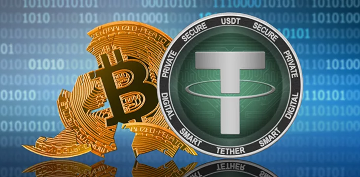 Tether coin stands in front of cracked coin bitcoin on binary code background; tether leader; bitcoin collapse