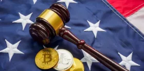American flag with gavel and bitcoins on top