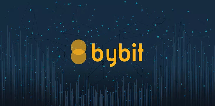 Bybit logo on blockchain background