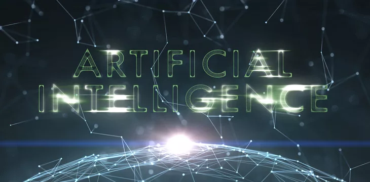 Green colored artificial intelligence with blockchain background