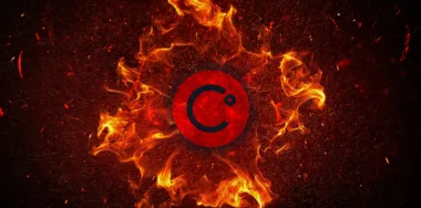 3D rendering cryptocurrency celsius coin in flames on colorful background