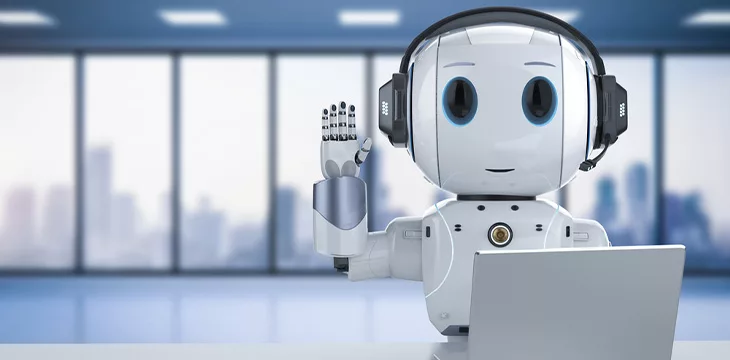 Automation customer service concept with 3d rendering cute robot working with headset and notebook
