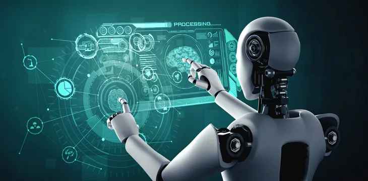AI humanoid robot touching virtual hologram screen