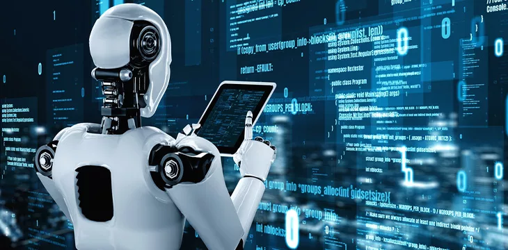Futuristic robot artificial intelligence huminoid AI programming coding technology development and machine learning concept