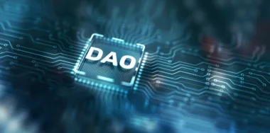 DAO Decentralized Autonomous Organization. Crowdfunding project against the backdrop of a mining farm concept