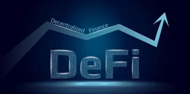 Text Defi decentralized finance and up arrow in polygonal wireframe style on dark blue background