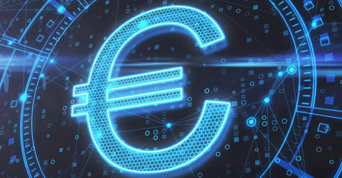 Online investment and e-commerce concept image of glowing euro sign with digital background