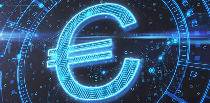 Online investment and e-commerce concept image of glowing euro sign with digital background