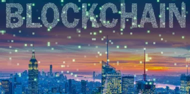 Blockchain concept with a skyline background
