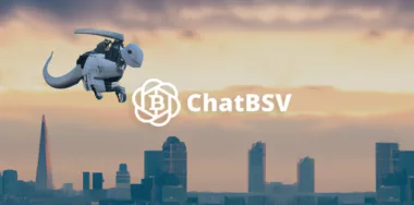 Robot flying over the city with ChatBSV logo