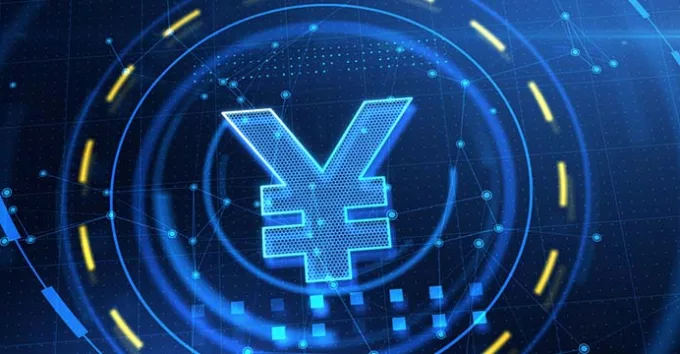 Digital Yuan symbol on blue technology background