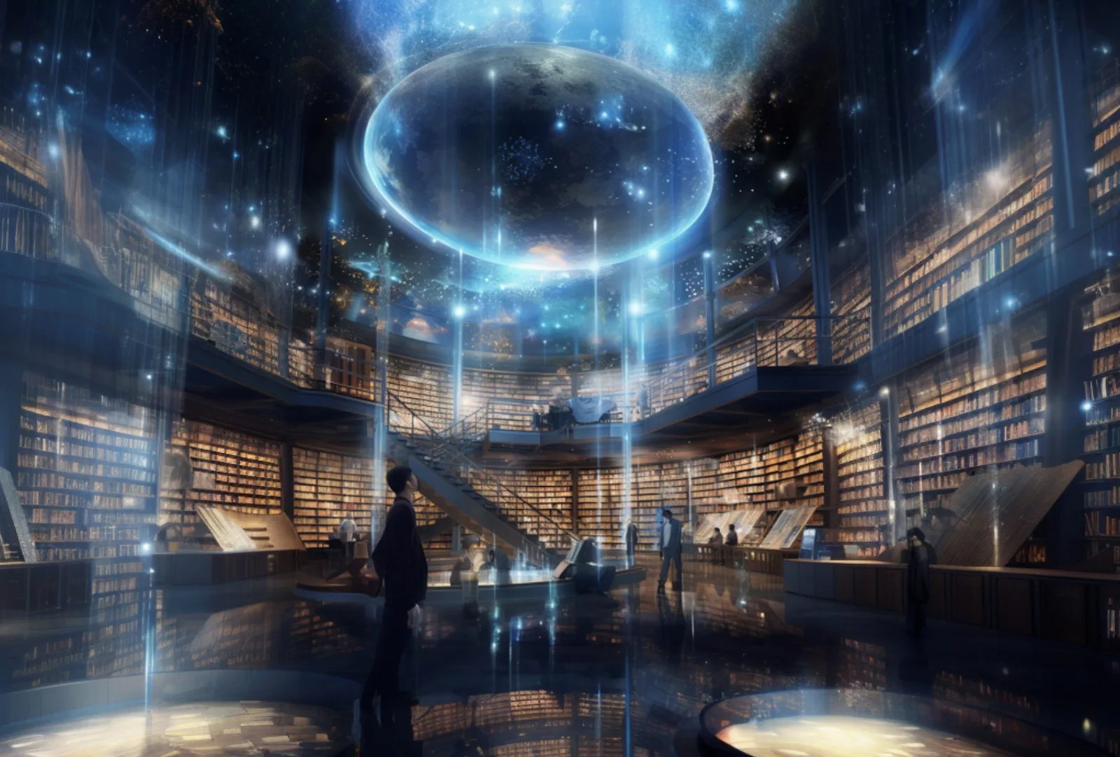 Digital global data concept, library with a glowing earth image on the ceiling