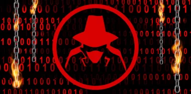 Hacker symbol with digital binary code, chain of fire