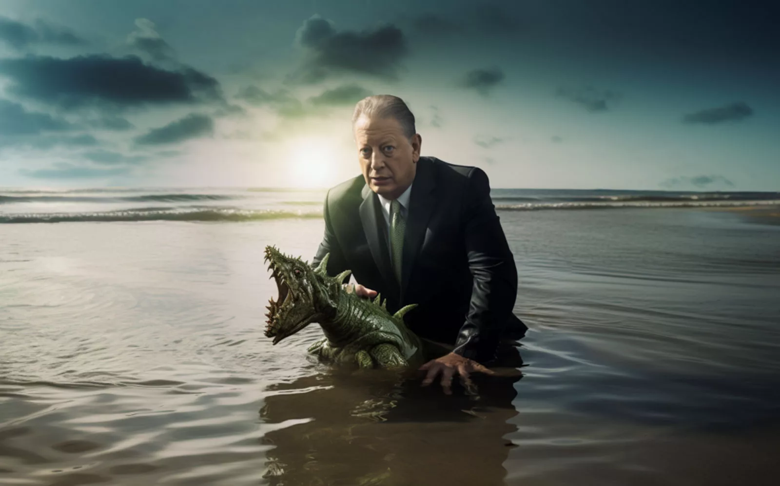 Man in business suit holding a creature from the water