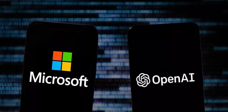 Microsoft and OpenAI logos displayed on smartphones' screens with binary numbers in the background
