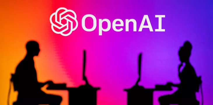 Logo of OpenAI on gradient background with silhouettes of two software developers