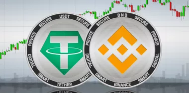 Binance (BNB) and Tether (USDT) coins with currency background